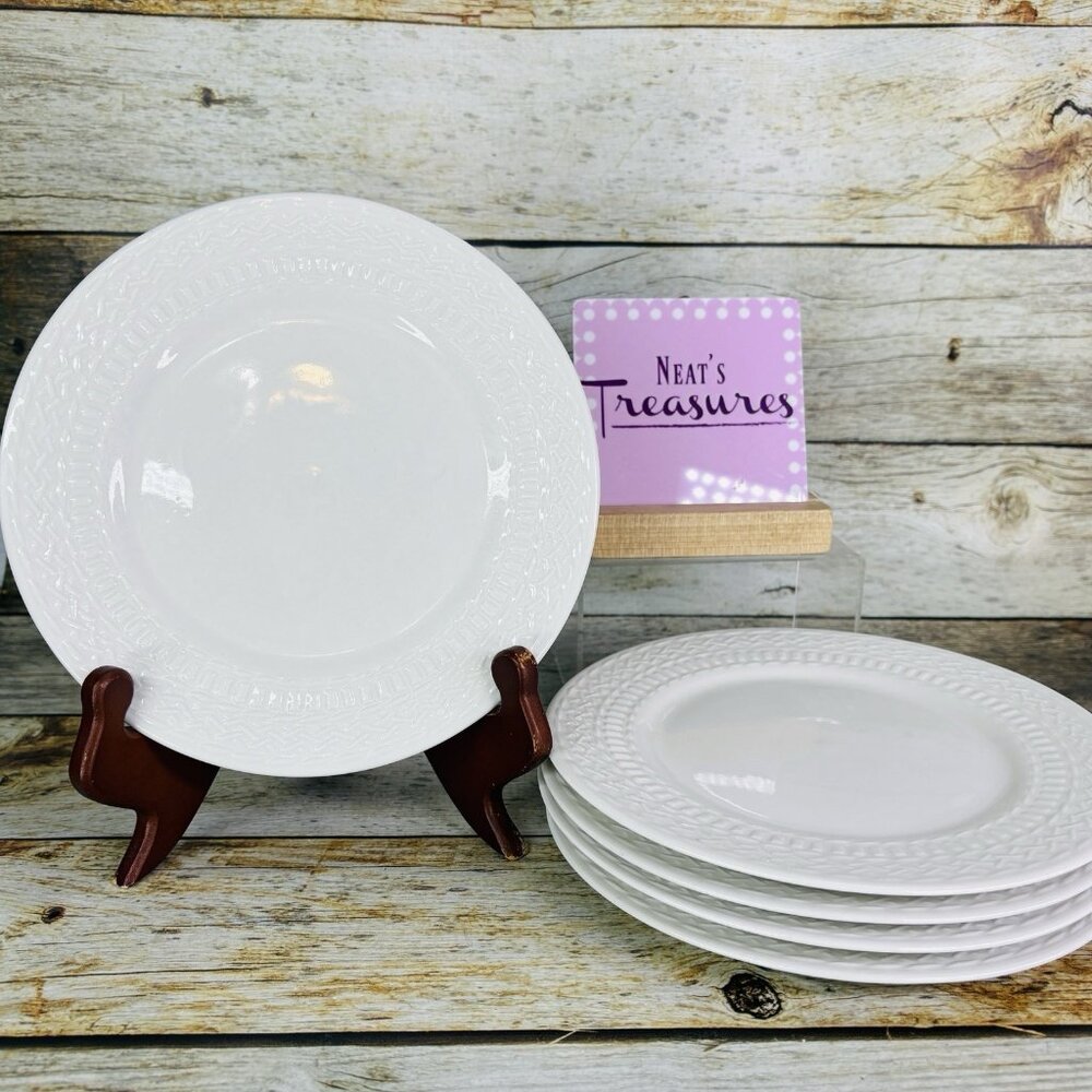 Livingquarters LIQ10 White Embossed Basketweave Lines 7.75" Salad Plate Set of 5